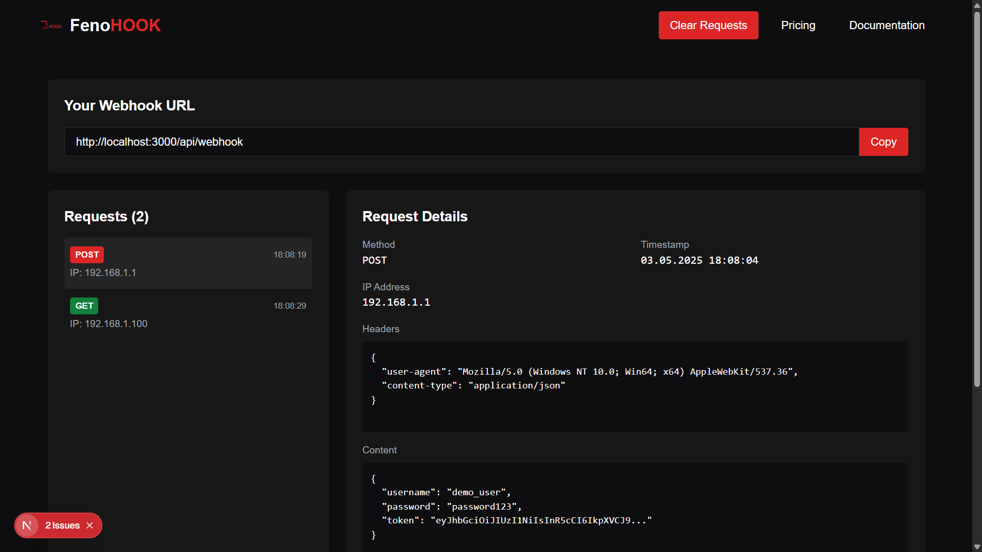 FenoKingTR (Bedrettin Kökcü) - FenoHOOK Webhook Test ve İzleme Aracı Dashboard Ekranı