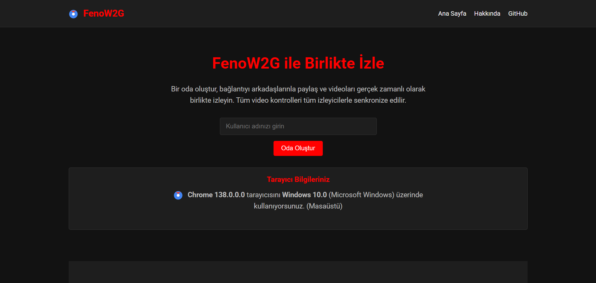 FenoKingTR (Bedrettin Kökcü) - FenoW2G Birlikte Video İzleme Platformu Arayüzü